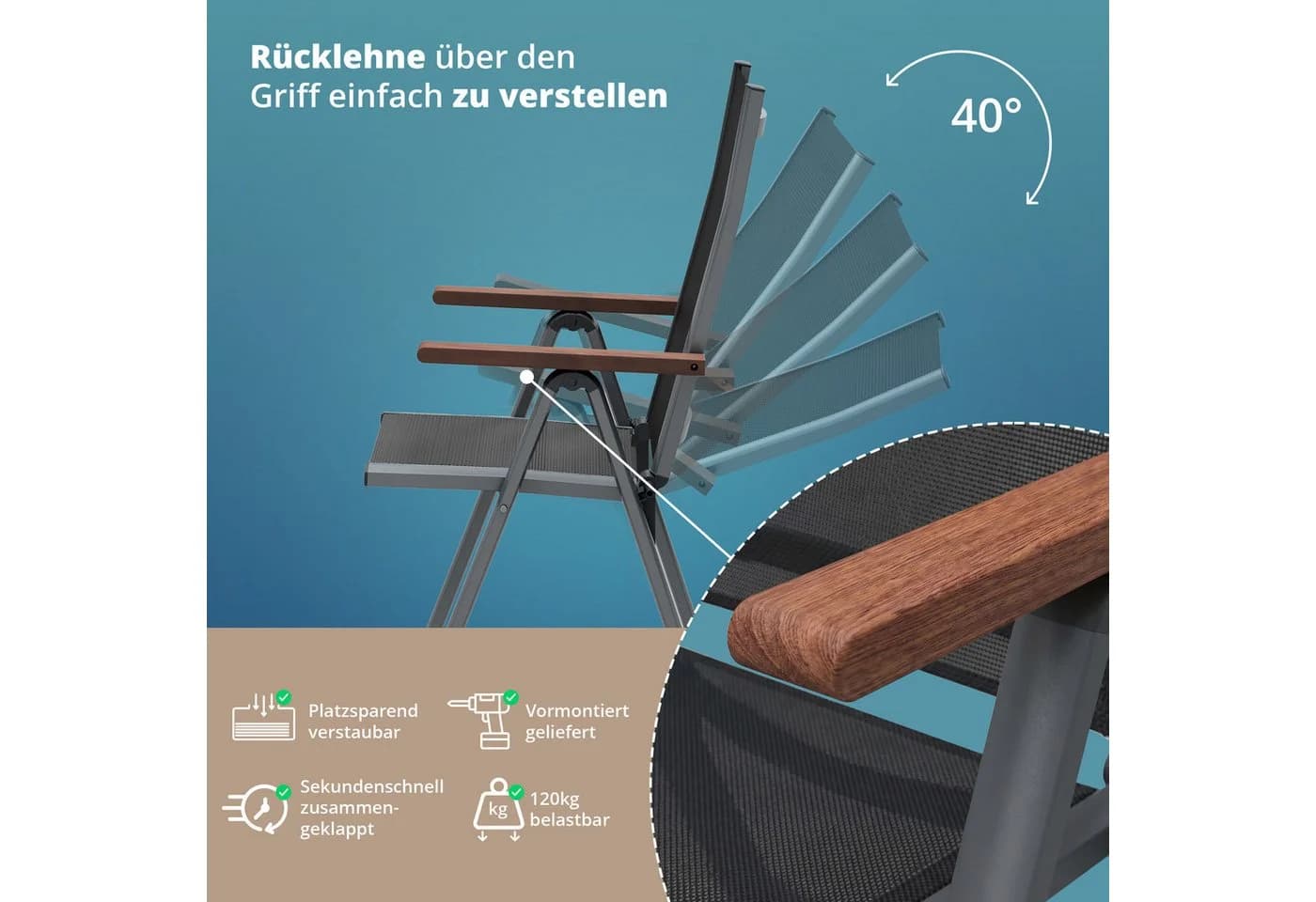 KHG Gartenstuhl klappbar mit Armlehnen Anthrazit Aluminium - Bild 5