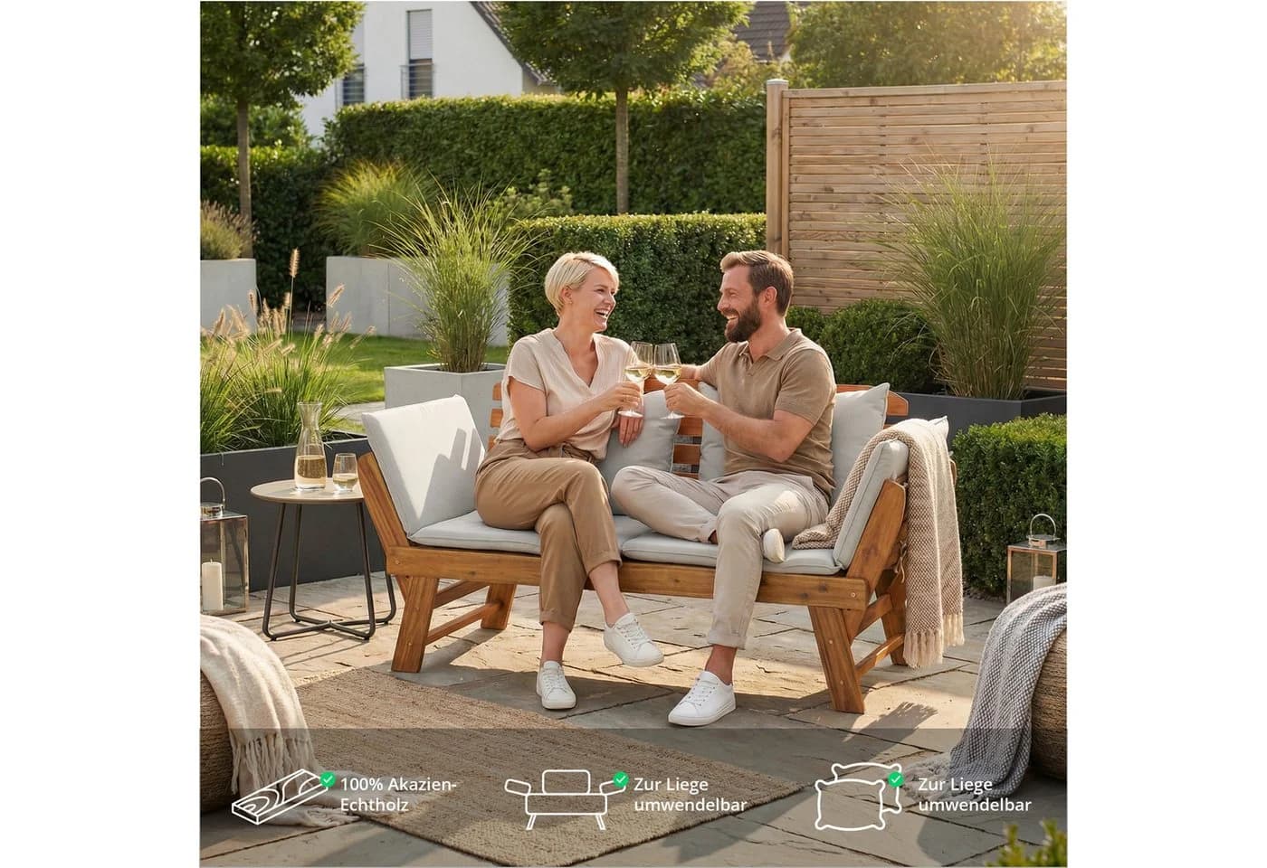 KHG Gartenliege Akazie geölt, Daybed, klappbar, Taupe