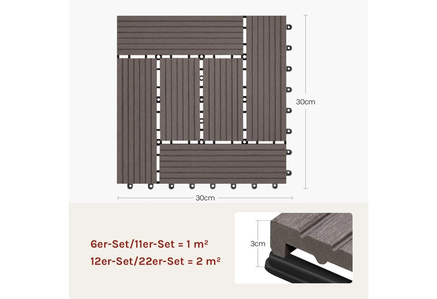 Woltu WPC-Fliesen 11 St. Holzoptik Klickfliese Braun Grau - Bild 3