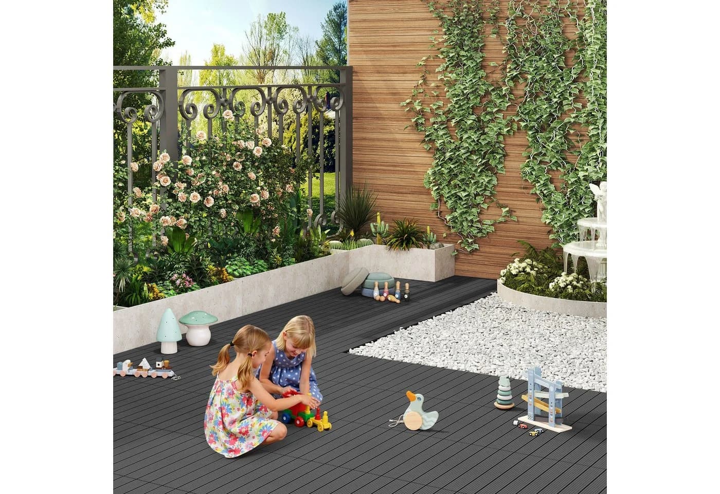 Woltu WPC-Fliesen Terrassendielen Holz-Optik Grau Klicksystem