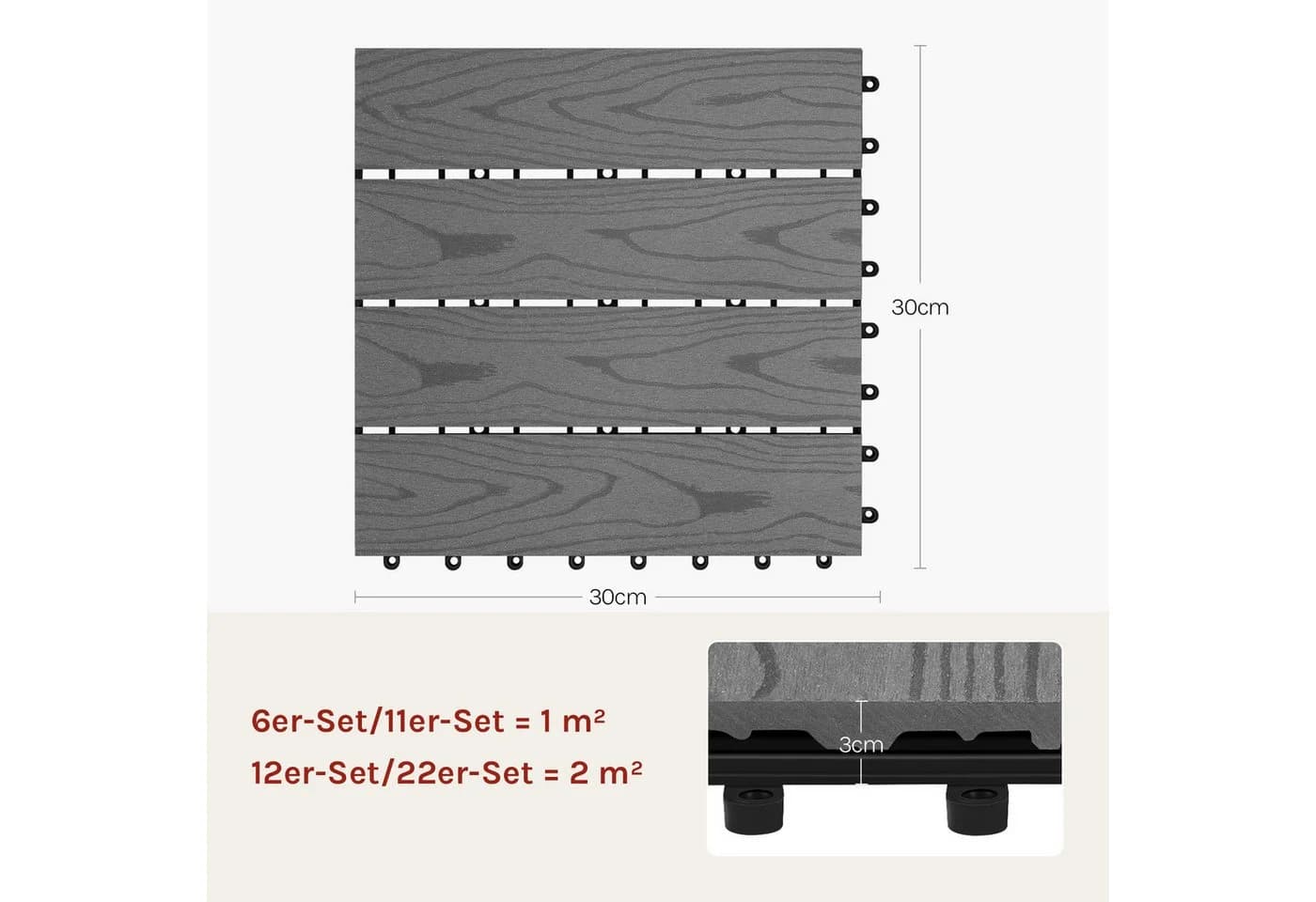 Woltu WPC-Fliesen Holzoptik Grau Klicksystem 30x30 cm - Bild 3