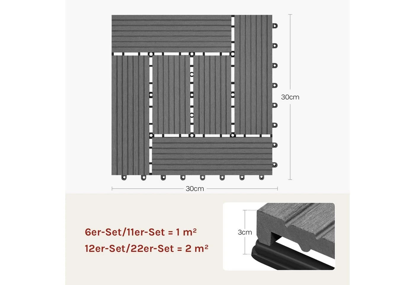 Woltu WPC-Fliesen 22 St. Terrassendielen Holzoptik Klicksystem Grau - Bild 3