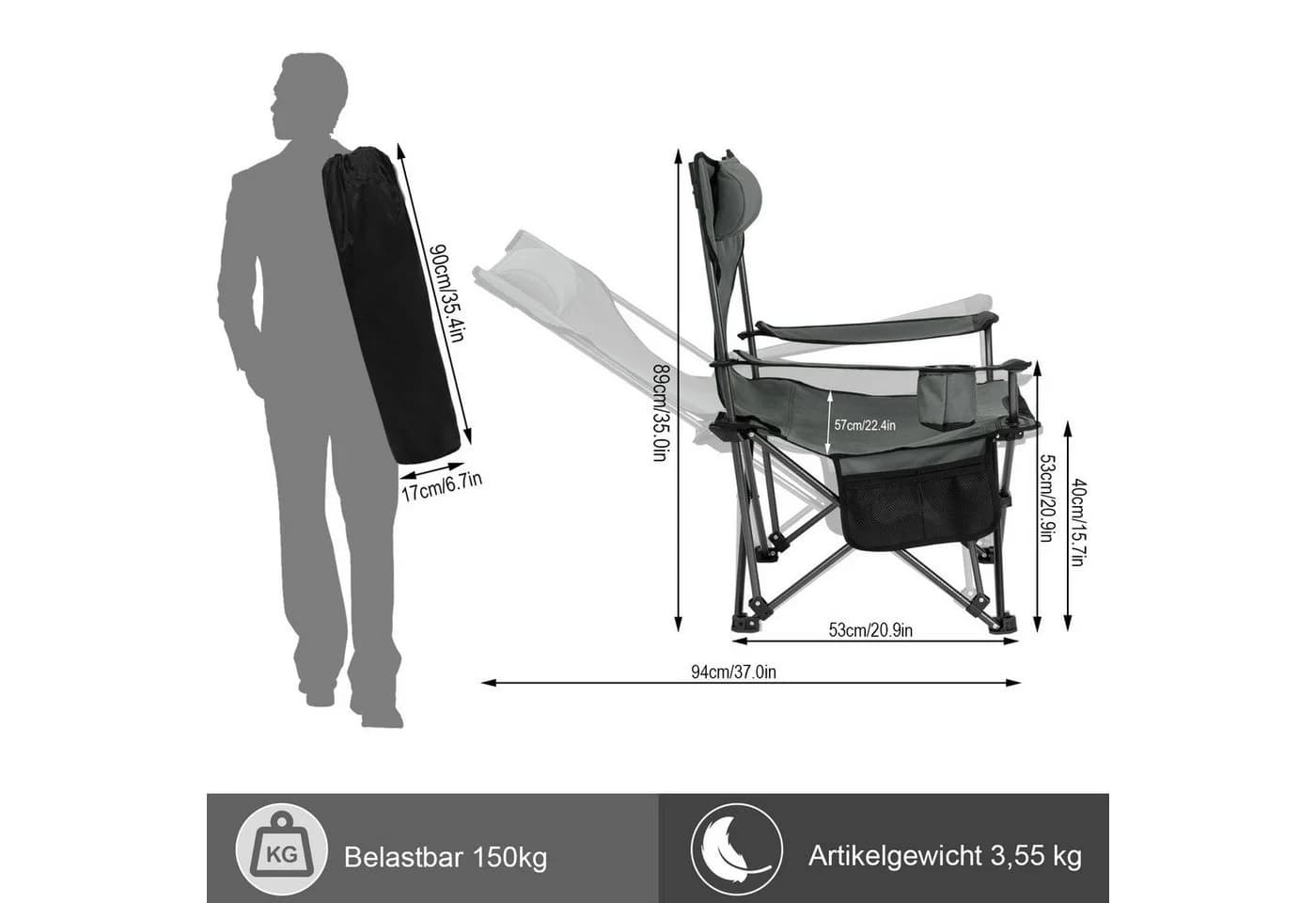WOLTU Campingstuhl Grau Klappbar mit Getränkehalter und Seitentasche - Bild 3
