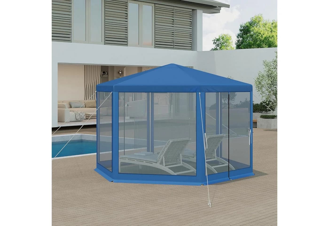 Woltu Pavillon 6-Seitenteile 3,8x3,3 m Sechseckig Moskitonetz Blau