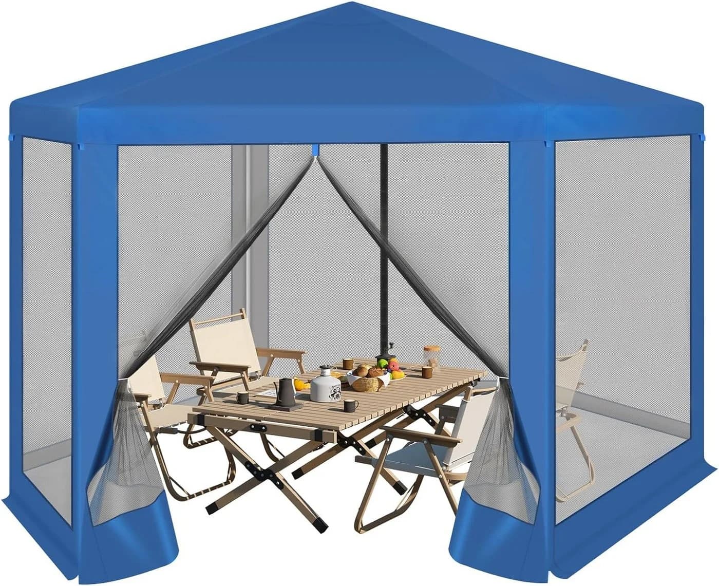 Woltu Pavillon 6-Seitenteile 3,8x3,3 m Sechseckig Moskitonetz Blau - Bild 2