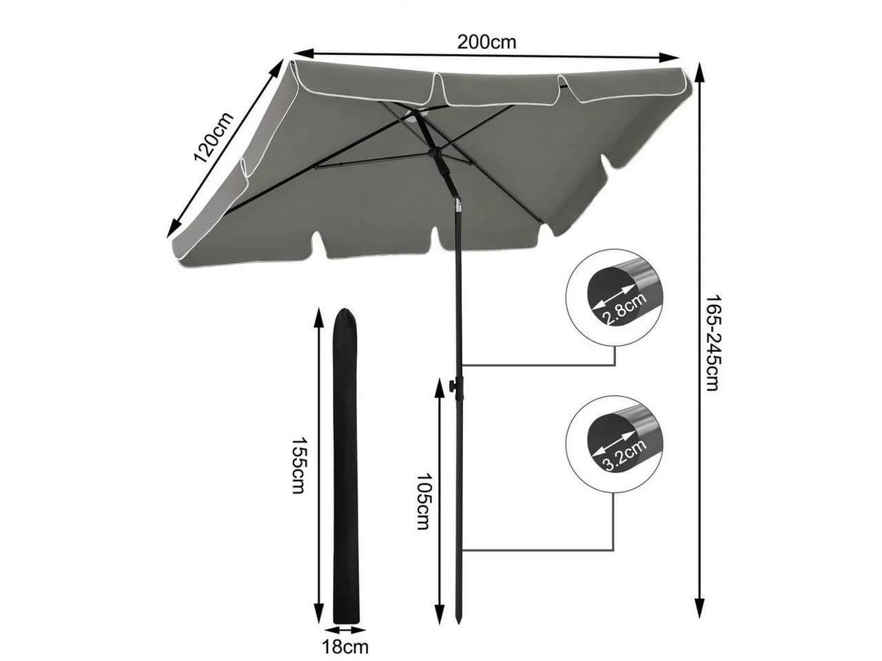 Woltu Sonnenschirm 45° knickbar UV-beständig wasserdicht 200x120 cm - Bild 3