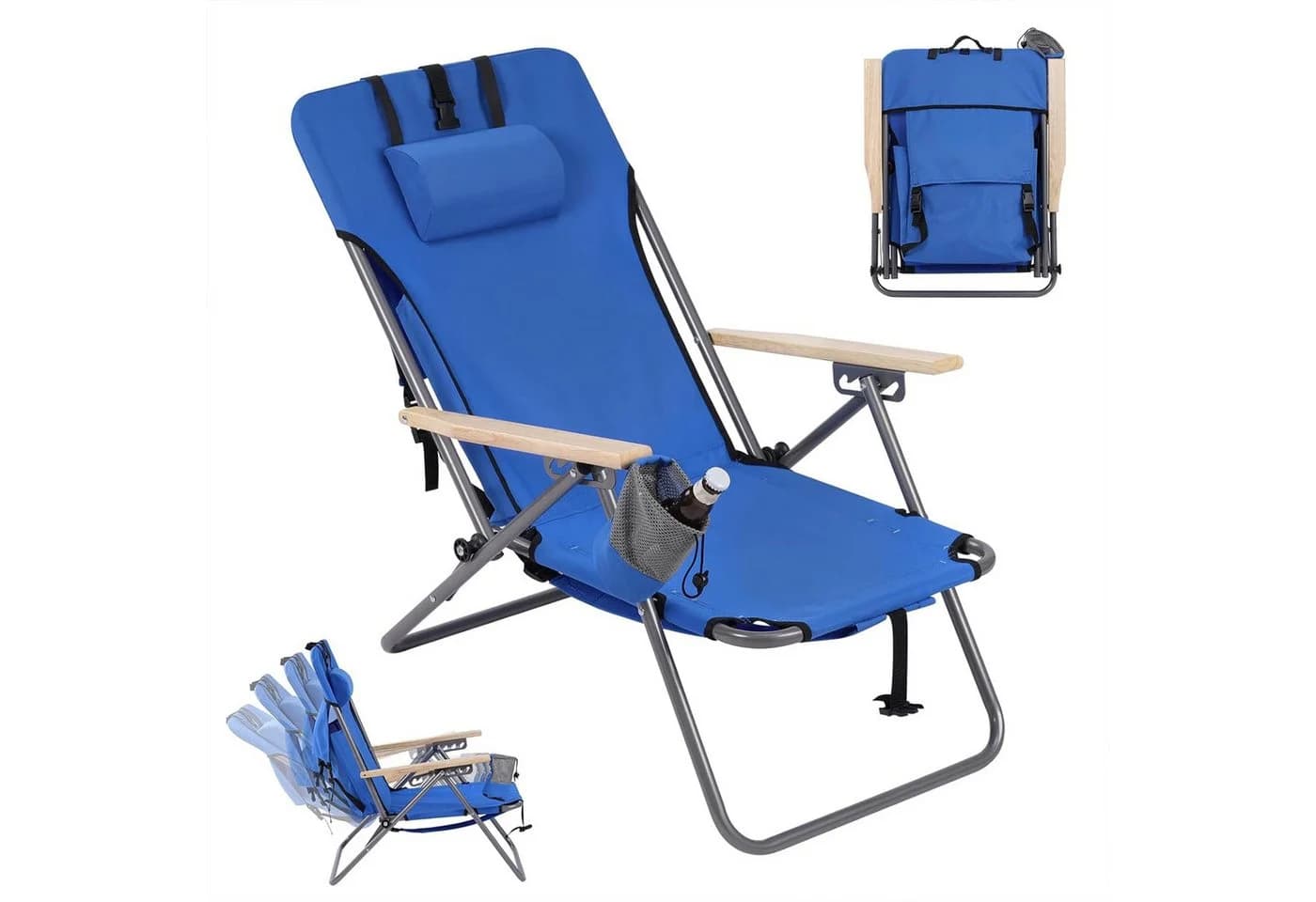 Woltu Campingstuhl Klappbar Blau Holzarmlehnen Verstellbar - Bild 2