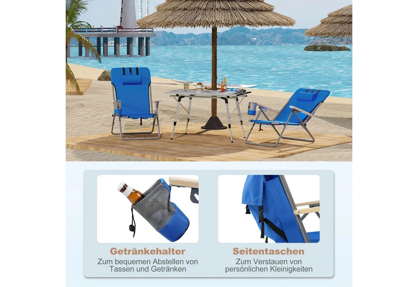 Woltu Campingstuhl Klappbar Blau Holzarmlehnen Verstellbar - Bild 4