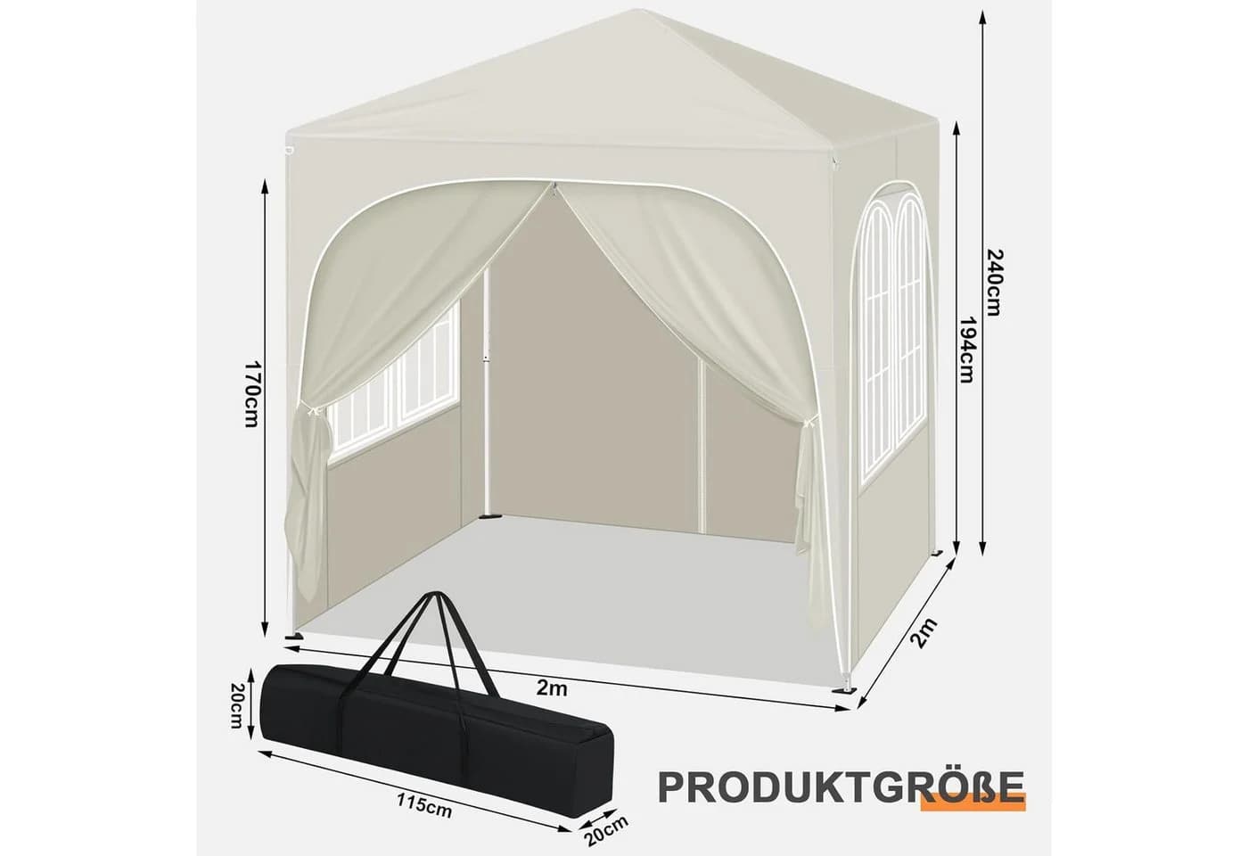 Woltu Pavillon 2x2m Beige/Silber Höhenverstellbar mit Seitenwänden - Bild 3