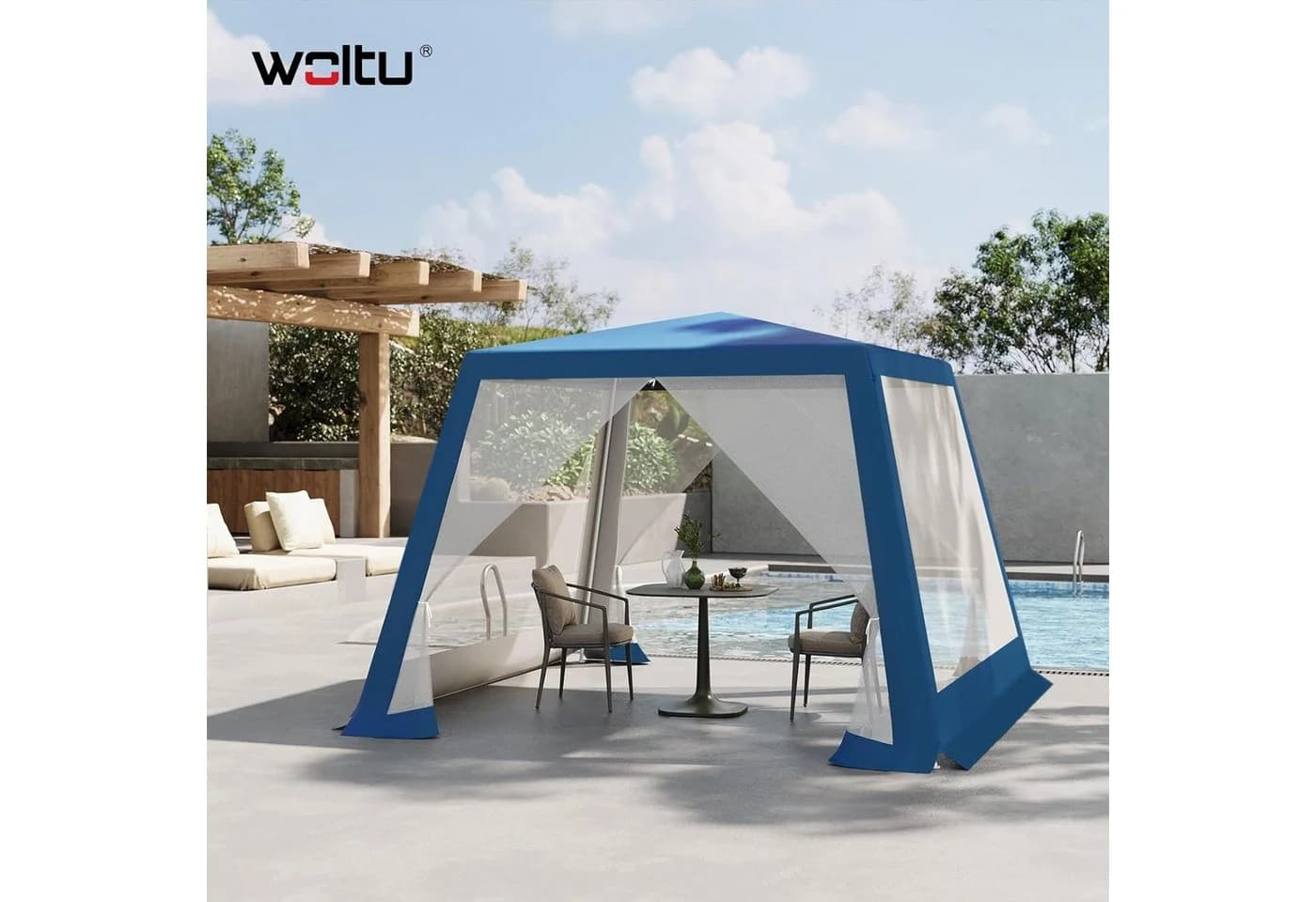 Woltu Pavillon 3x3 m mit Moskitonetz Beige/Blau