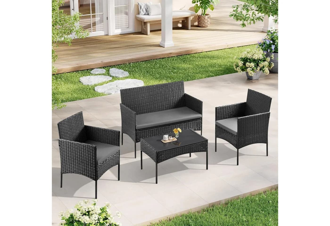 Woltu Gartenlounge-Set 4-tlg. Schwarz PE-Rattan mit Metallrahmen