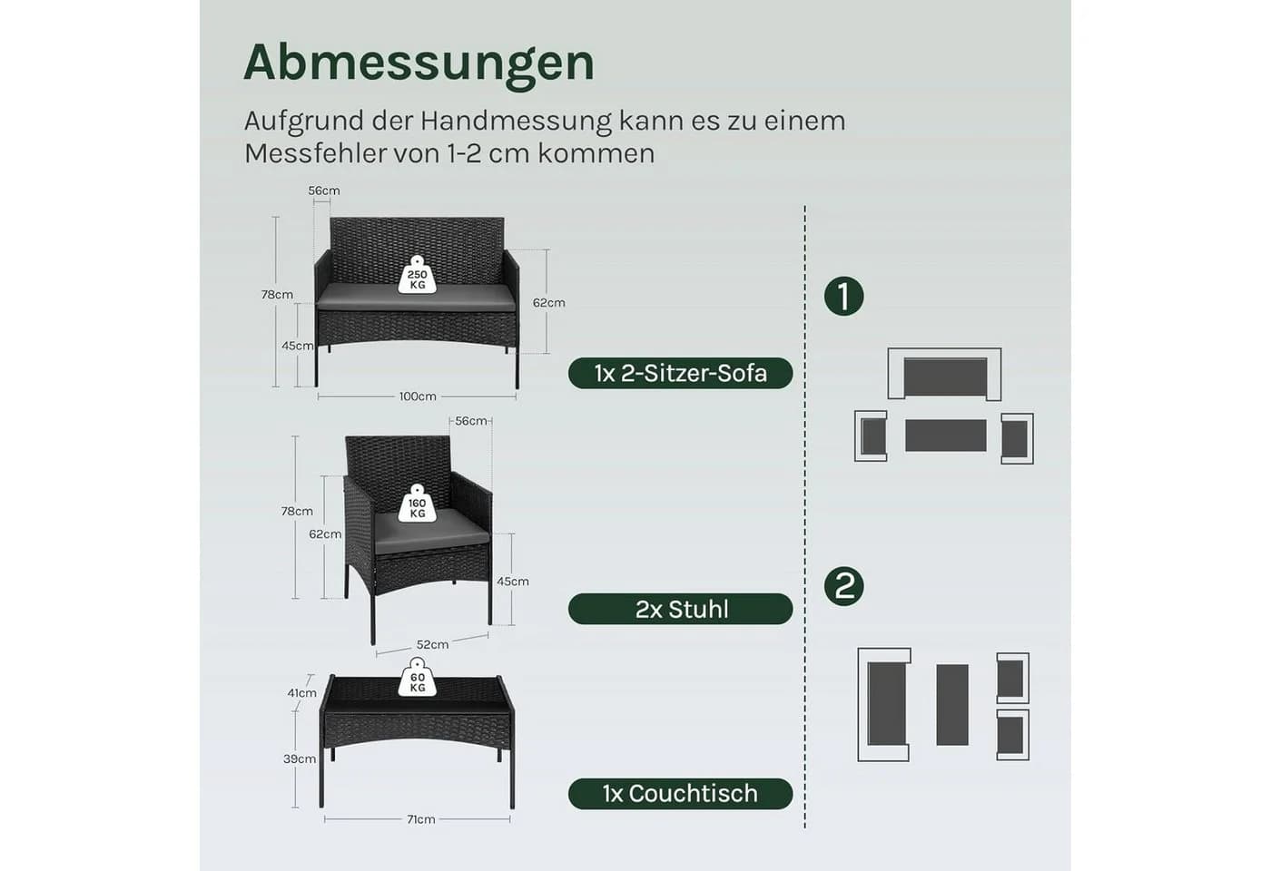 Woltu Gartenlounge-Set 4-tlg. Schwarz PE-Rattan mit Metallrahmen - Bild 3