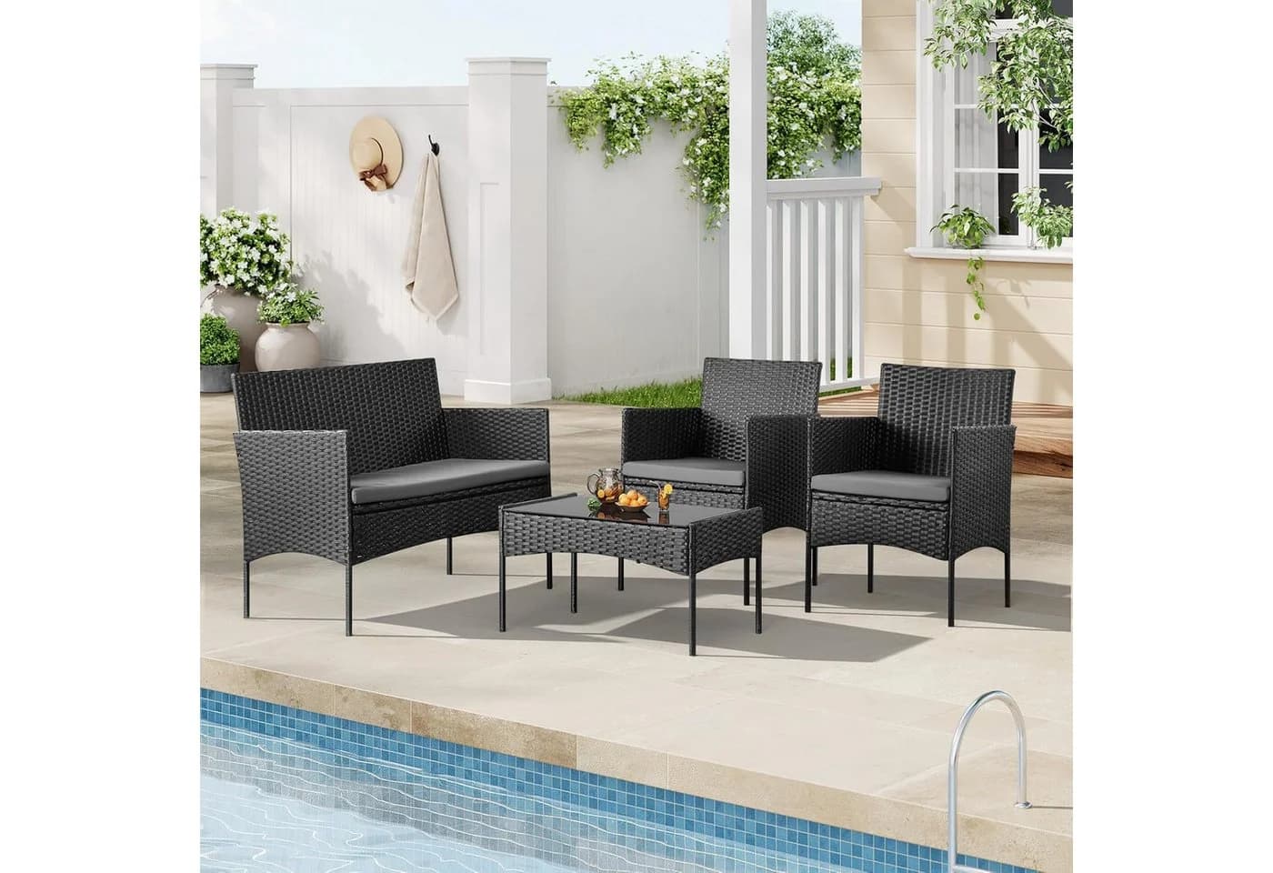 Woltu Gartenlounge-Set 4-tlg. Schwarz PE-Rattan mit Metallrahmen - Bild 4
