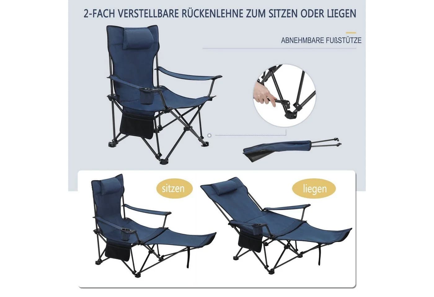 Woltu Campingstuhl (2 St) Klappbar Outdoor Armlehnen Getränkehalter Blau - Bild 5