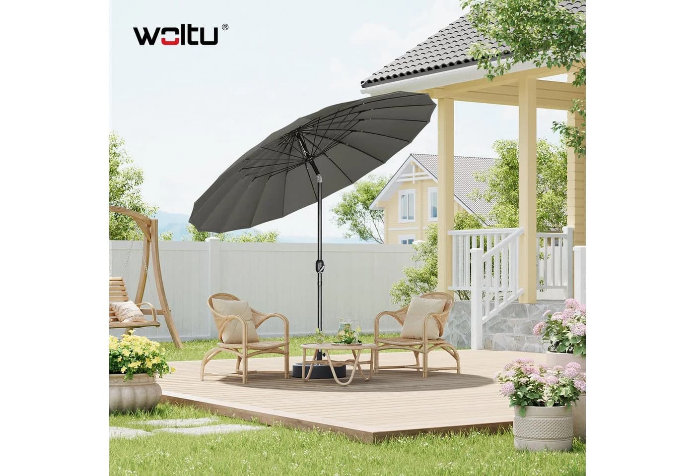 Woltu Sonnenschirm Gartenschirm mit Kurbel Ø 257/273 cm dunkelgrau