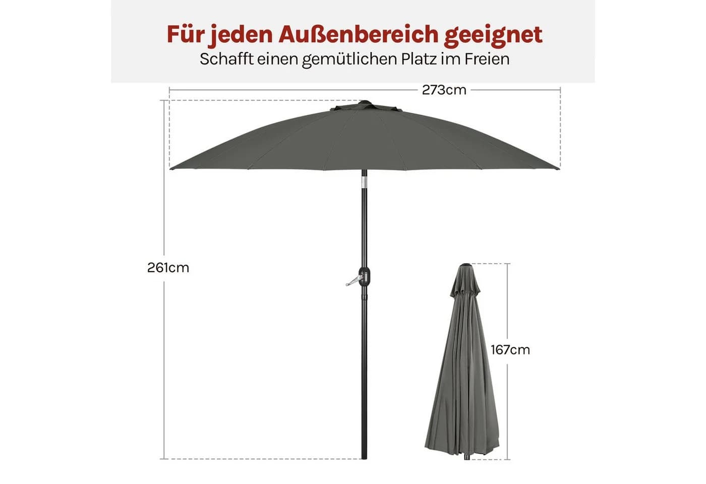 Woltu Sonnenschirm Gartenschirm mit Kurbel Ø 257/273 cm dunkelgrau - Bild 3