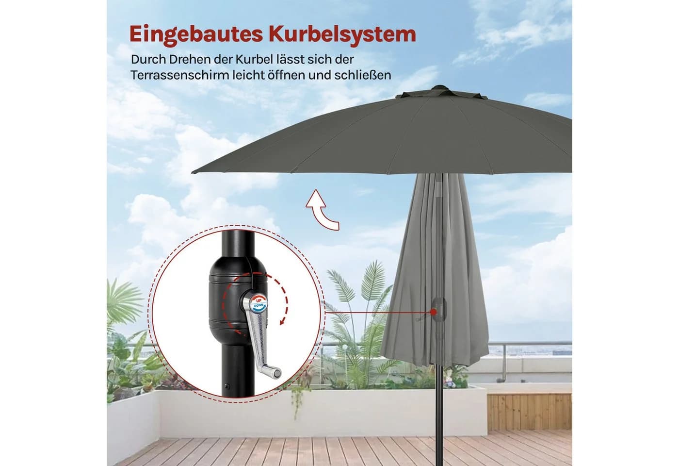 Woltu Sonnenschirm Gartenschirm mit Kurbel Ø 257/273 cm dunkelgrau - Bild 5