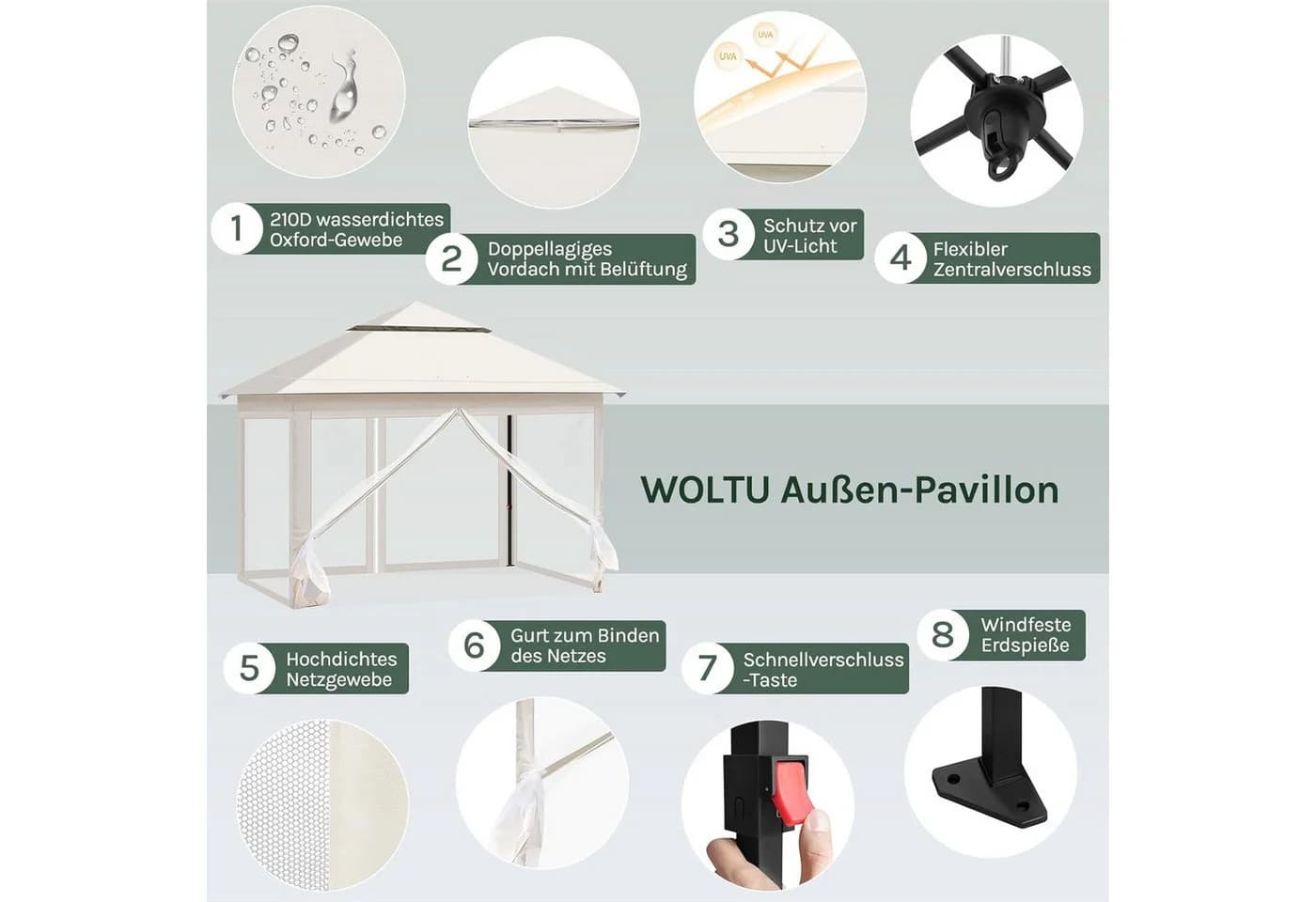 Woltu Pavillon 3x3 m mit Moskitonetz und höhenverstellbar - Bild 5
