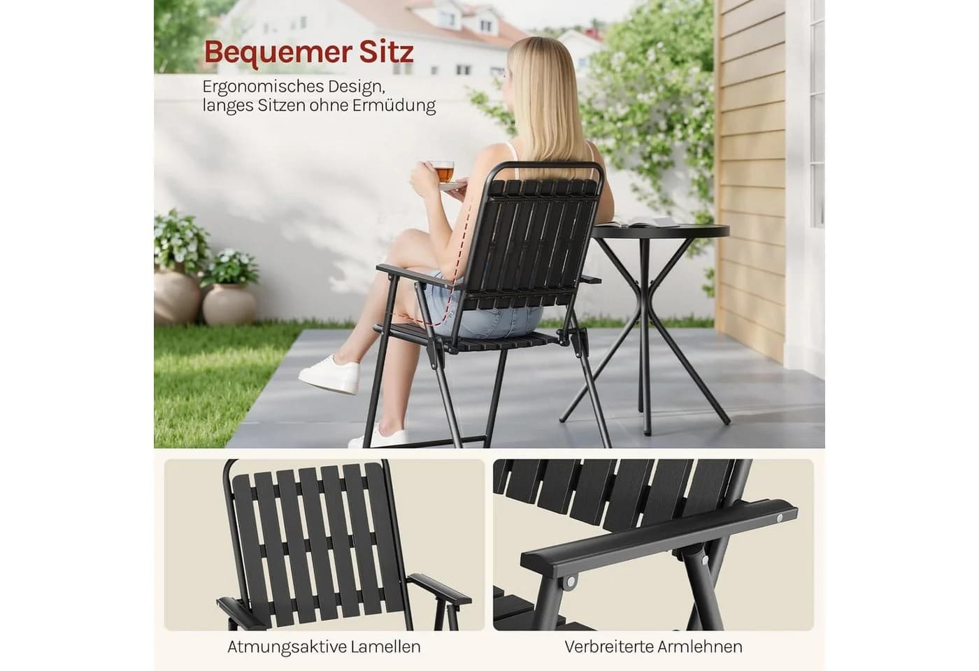 Woltu Balkonset 3-tlg. Schwarz mit klappbaren Stühlen und Glasplatte - Bild 4