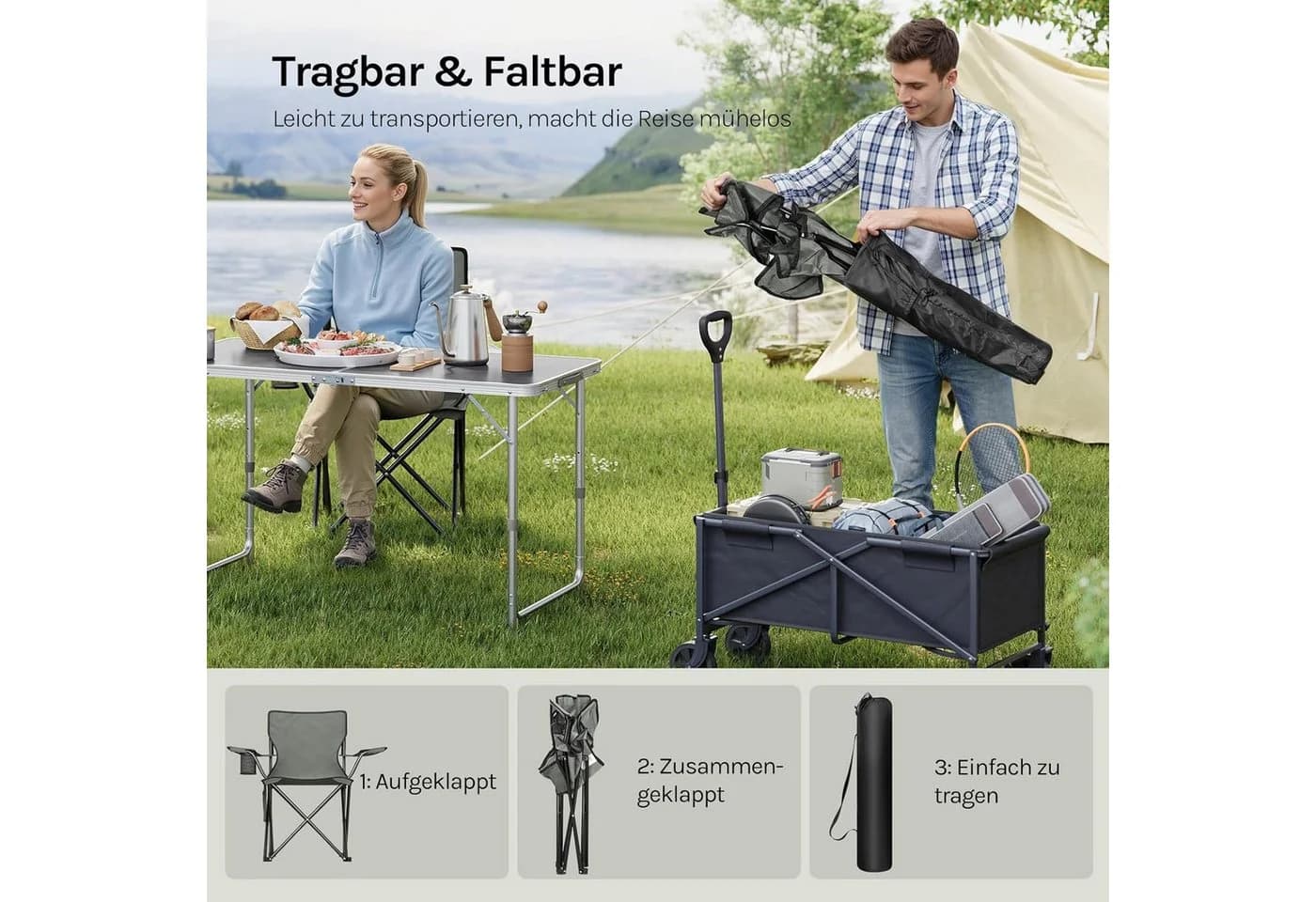 Woltu Campingstuhl 2er Set Klappbar Grau Schwarz Outdoor - Bild 5