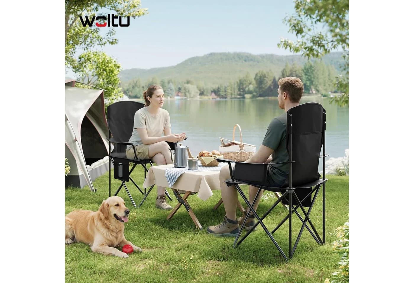 Woltu Campingstuhl 2er Set Klappbar mit Kühltasche & Getränkehalter