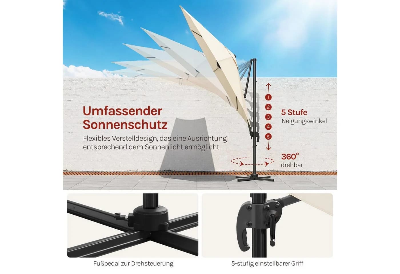 Woltu Sonnenschirm 295 cm Beige UPF 50+ 360° drehbar Aluminium - Bild 4