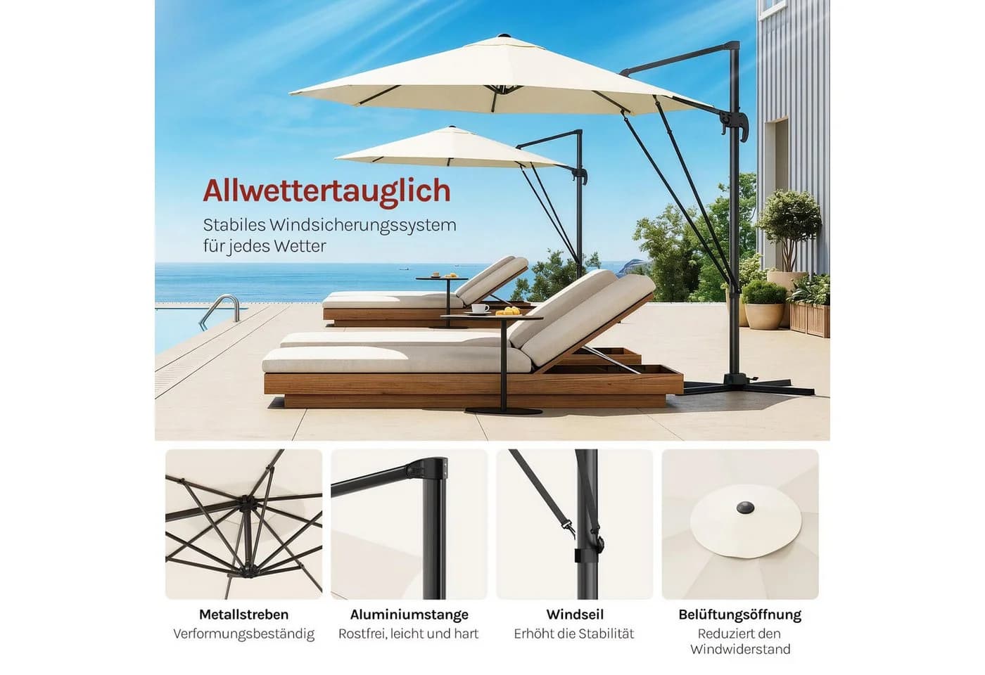 Woltu Sonnenschirm 295 cm Beige UPF 50+ 360° drehbar Aluminium - Bild 5