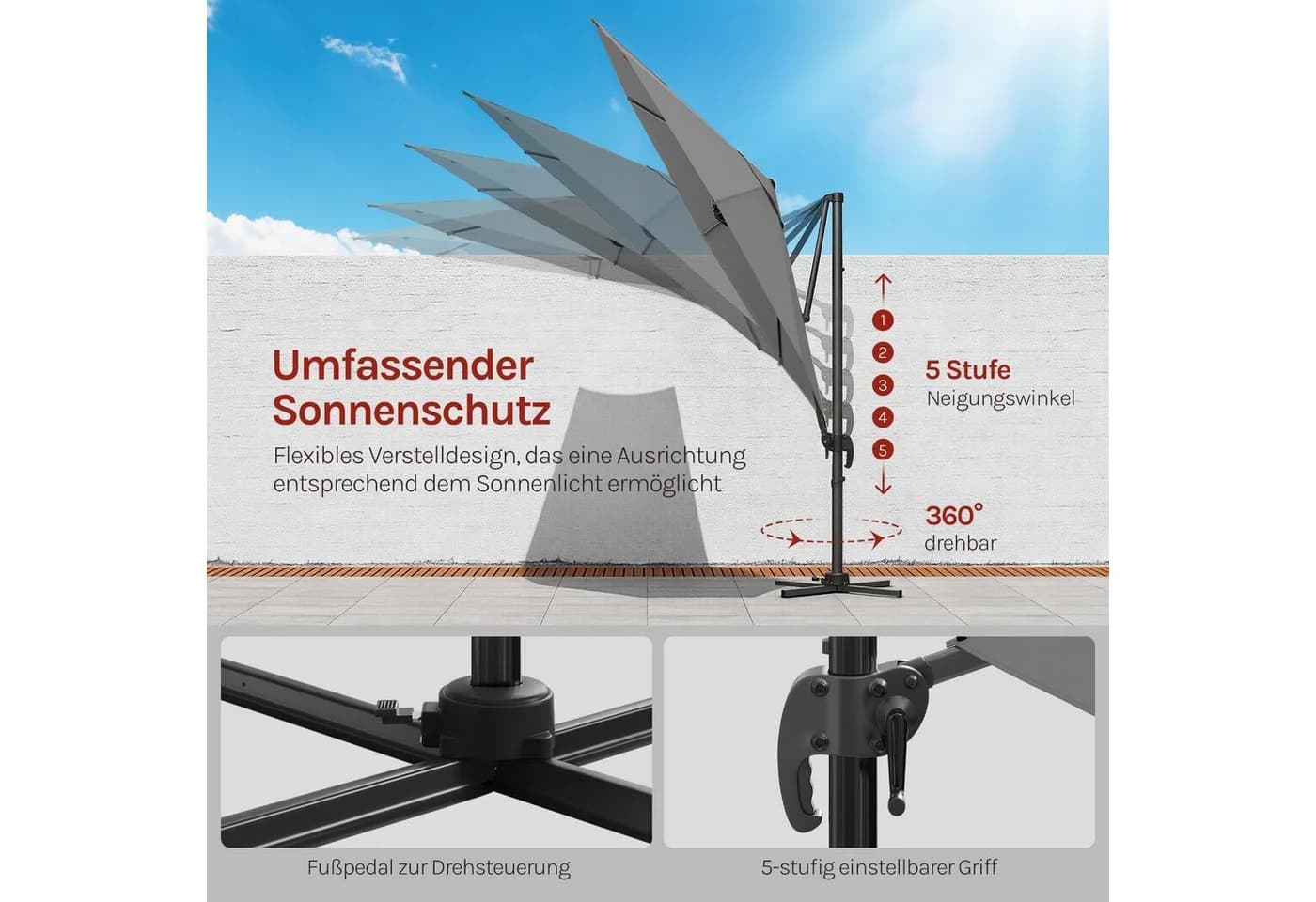 Woltu Sonnenschirm 3m Grau UPF 50+ 360° drehbar Aluminium - Bild 4
