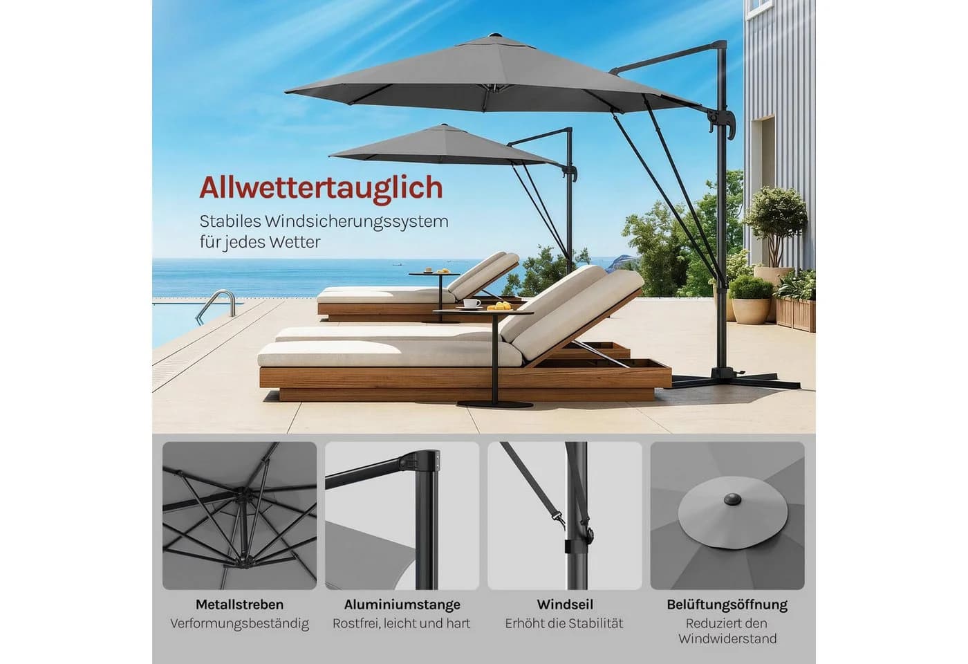 Woltu Sonnenschirm 3m Grau UPF 50+ 360° drehbar Aluminium - Bild 5