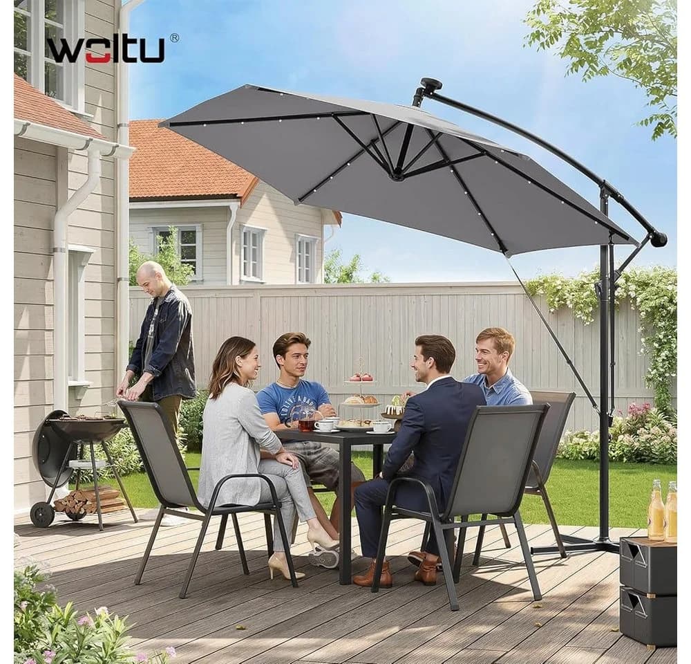 WOLTU Sonnenschirm 3x3m mit Solar-LED-Beleuchtung, drehbar, Beige/Grau