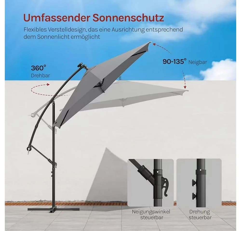 WOLTU Sonnenschirm 3x3m mit Solar-LED-Beleuchtung, drehbar, Beige/Grau - Bild 4