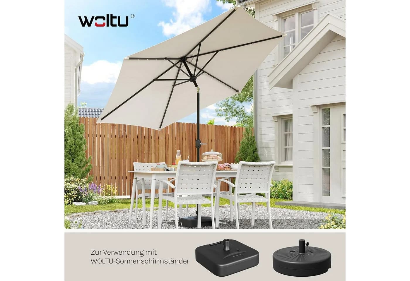 WOLTU Sonnenschirm 300 cm mit Solar-LED-Beleuchtung und Kurbel