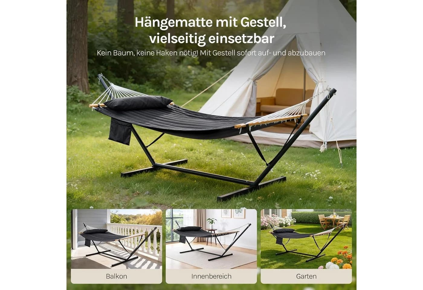 Woltu Hängematte mit Gestell 250kg belastbar Anthrazit - Bild 3