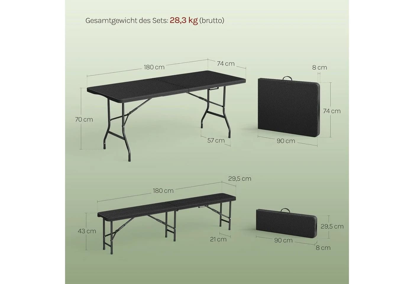 Woltu Bierzeltgarnitur 3-tlg. Schwarz Klapptisch & 2 Bierbänke