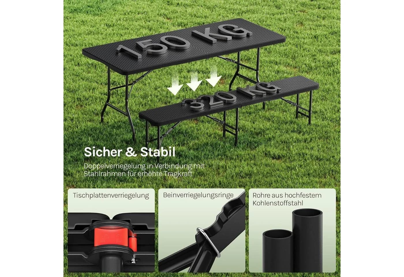 Woltu Bierzeltgarnitur 3-tlg. Schwarz Klapptisch & 2 Bierbänke - Bild 4