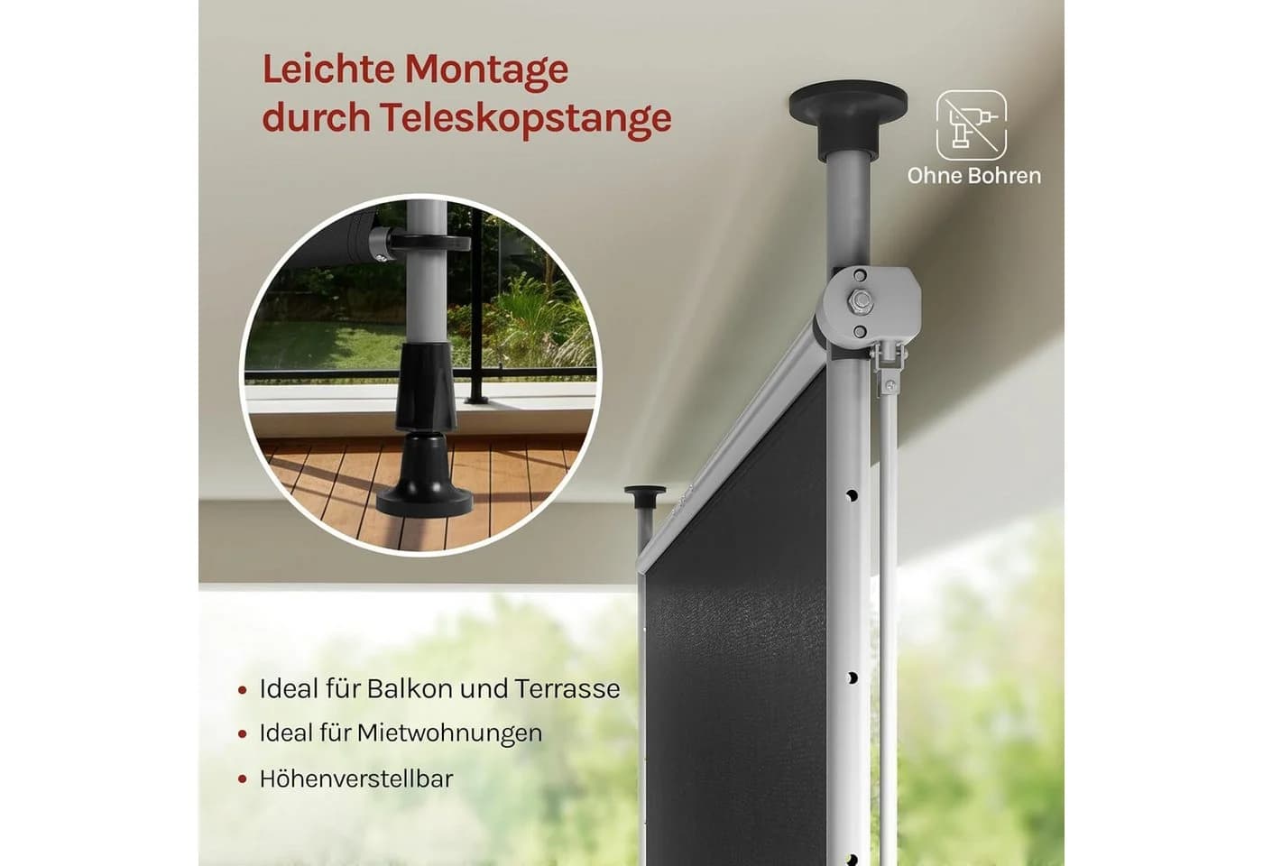 Woltu Klemmmarkise Grau mit Handkurbel - Sichtschutz ohne Bohren - Bild 3