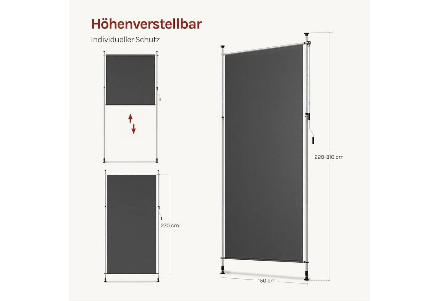 Woltu Klemmmarkise Grau mit Handkurbel - Sichtschutz ohne Bohren - Bild 5
