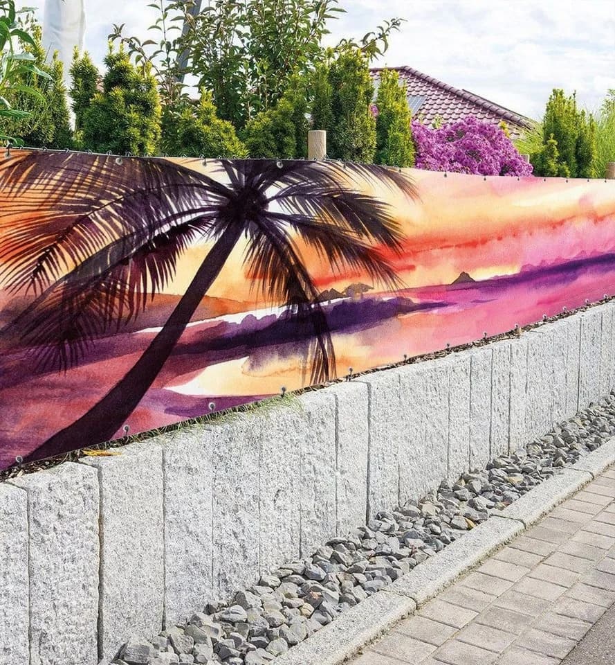 MyMaxxi Zaunbanner Sonnenuntergang Strand Sichtschutz Rosa Polyester