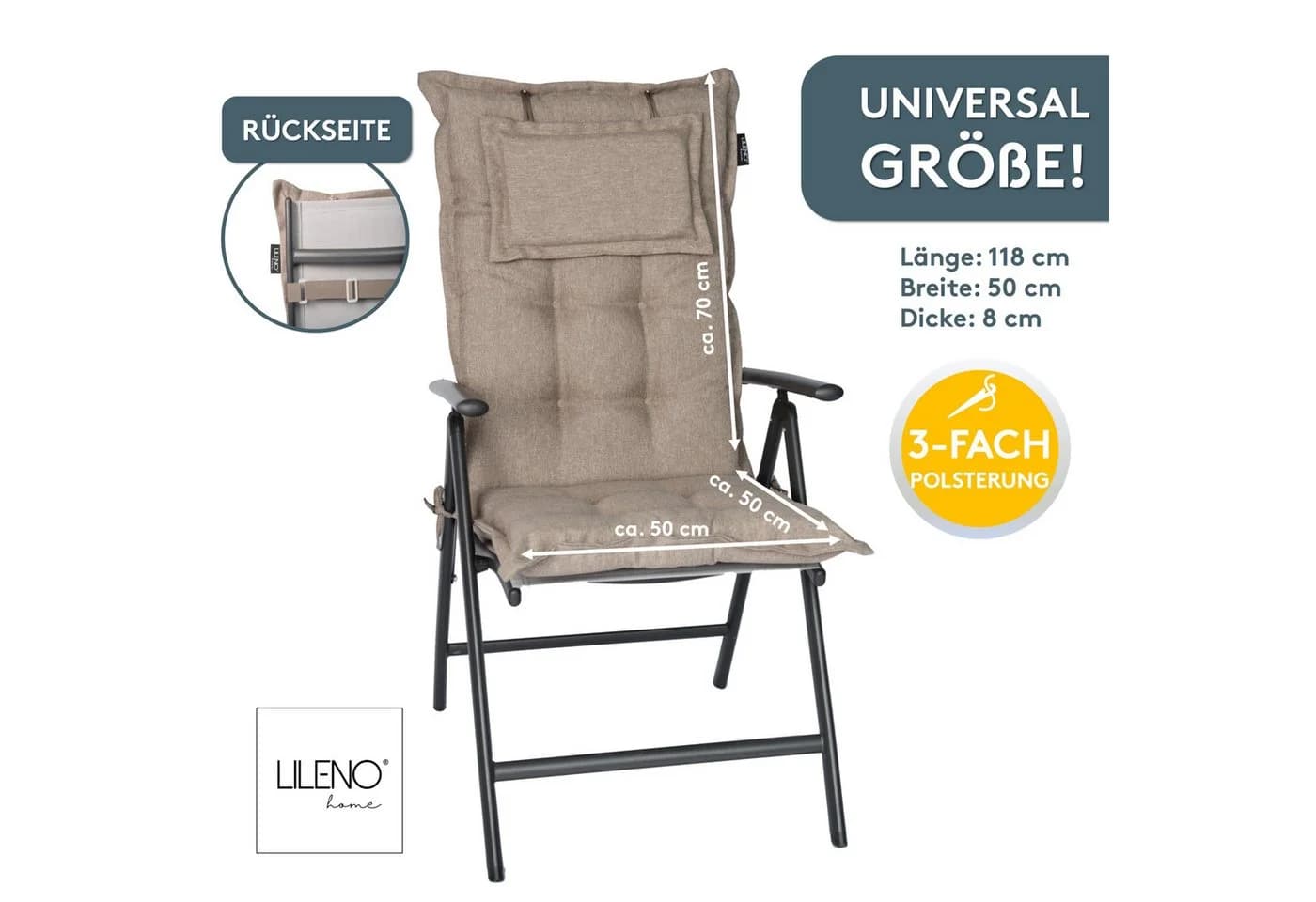 LILENO HOME Hochlehnerauflage Gartenstuhl Taupe mit Kopfkissen