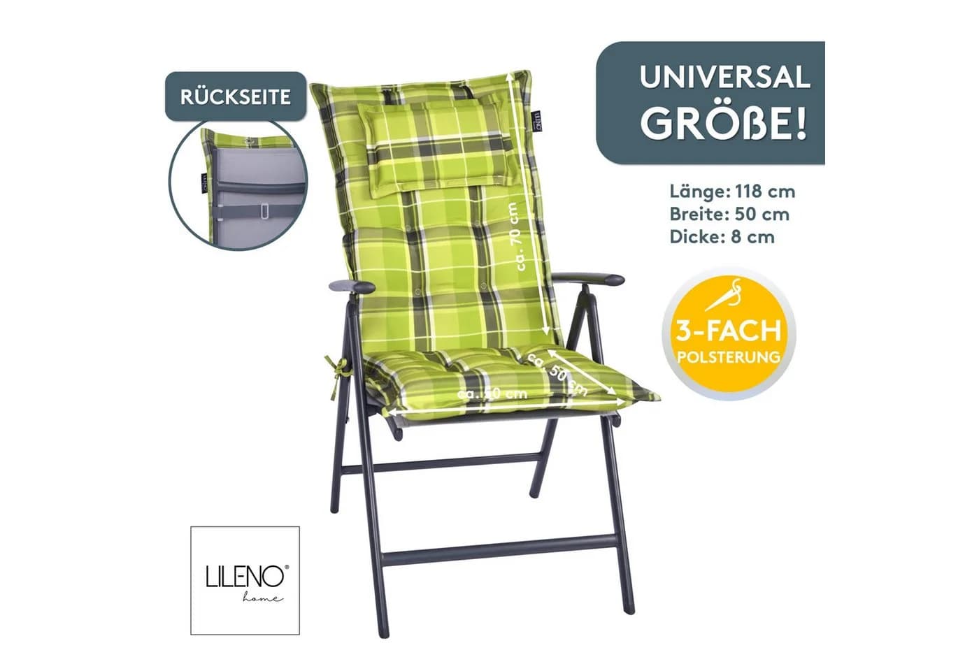 LILENO HOME Hochlehnerauflage Gartenstuhl Auflage Karo Grün