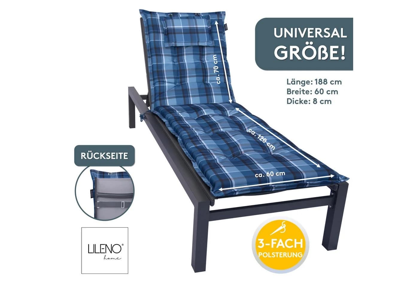 LILENO HOME Liegenauflage Karo Blau für Garten- & Strandliegen