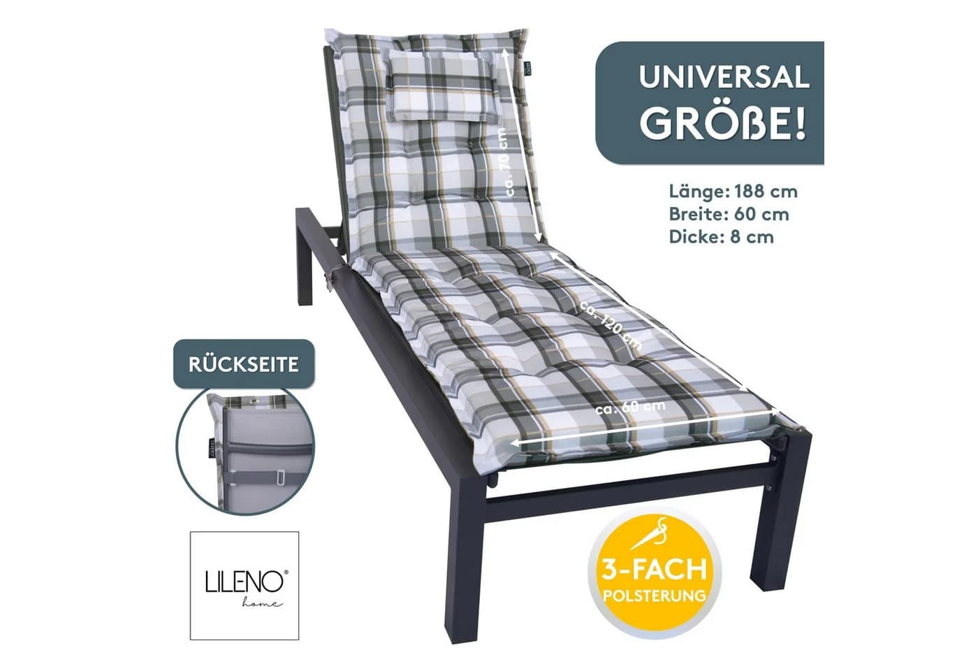 LILENO HOME Liegenauflage Grau Karo für Garten- & Strandliegen