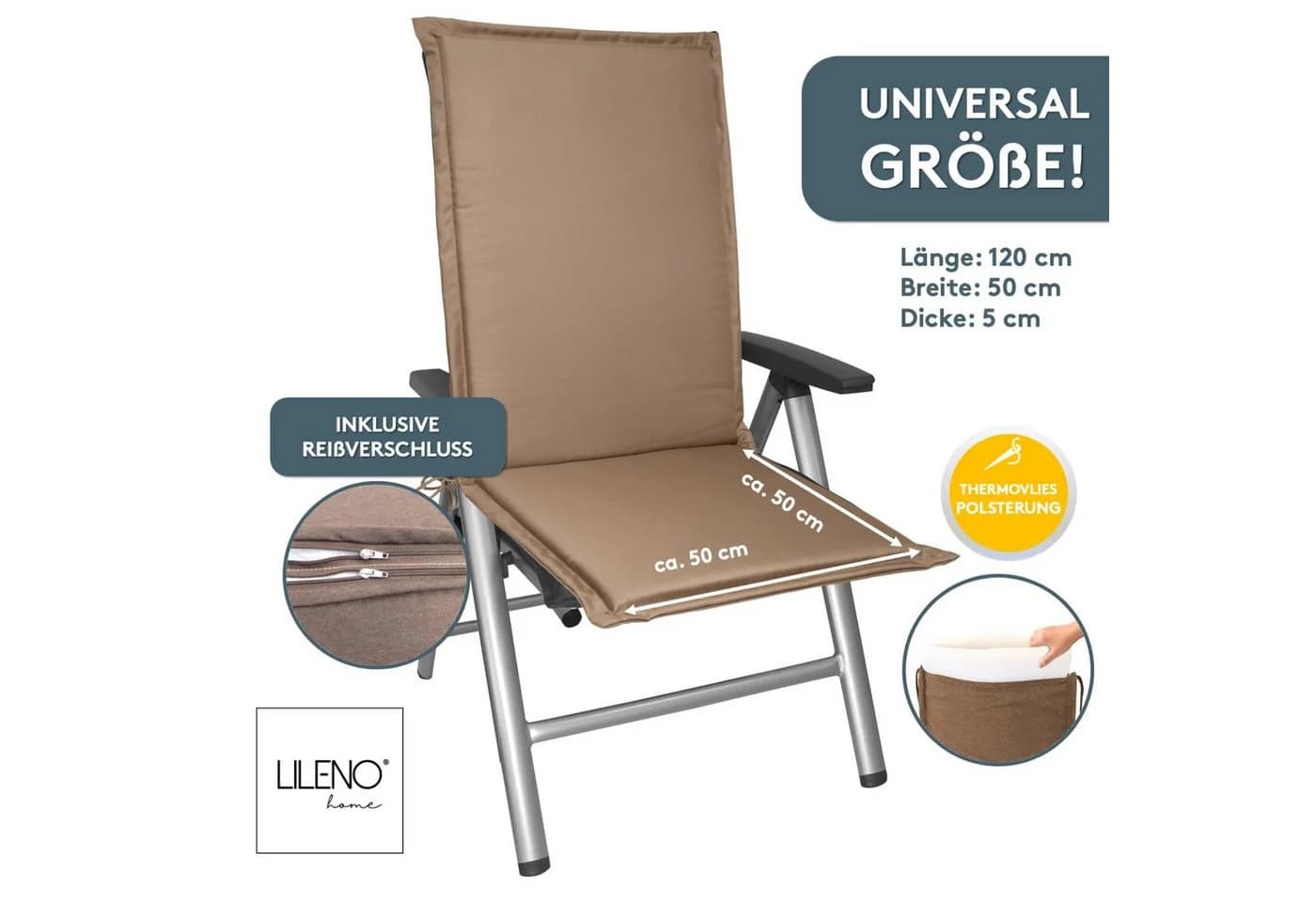 LILENO HOME Hochlehnerauflage Gartenstuhl Taupe mit Kopfkissen