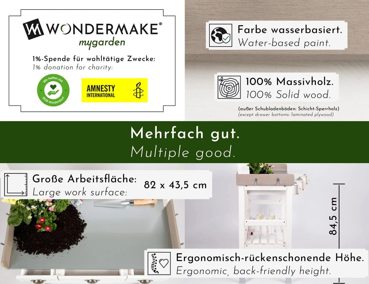 WONDERMAKE Pflanztisch XL Weiß Grau mit 3 Schubladen wetterfest - Bild 5
