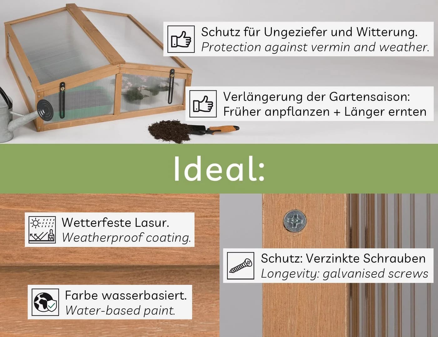 needs&wants Frühbeet Aufsatz Holz Bausatz mit Polycarbonat Abdeckung - Bild 5
