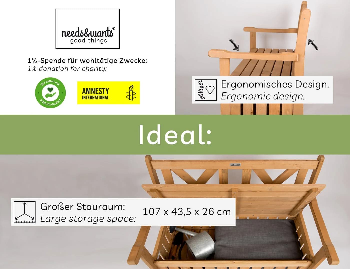 needs&wants® Gartenbank Holz mit Stauraum, braun, wetterfest - Bild 2
