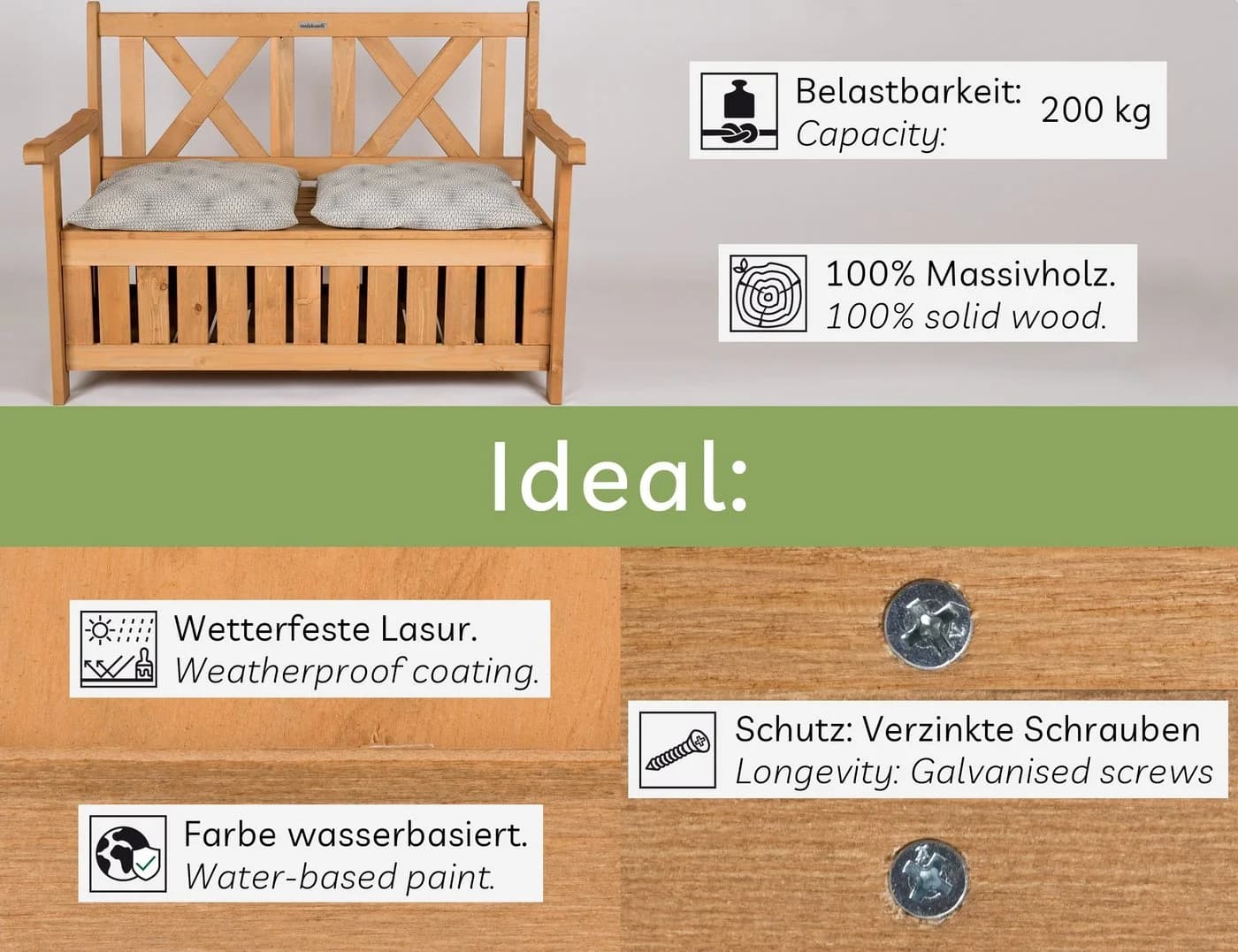 needs&wants® Gartenbank Holz mit Stauraum, braun, wetterfest - Bild 5