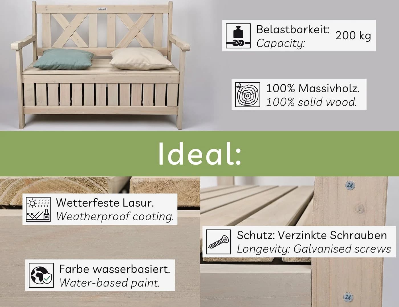needs&wants® Gartenbank Holz wetterfest mit Stauraum, Truhenbank Holzbank Sitzbank Truhe braun - Bild 5