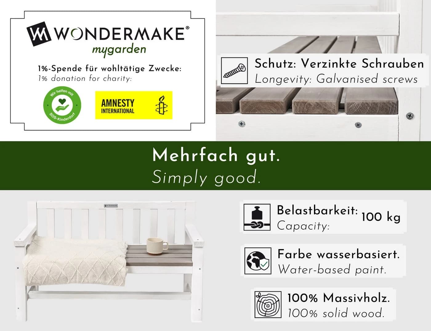 WONDERMAKE Kinder-Gartenbank Grau/Weiß 2-Sitzer Holz mit Lehne - Bild 4