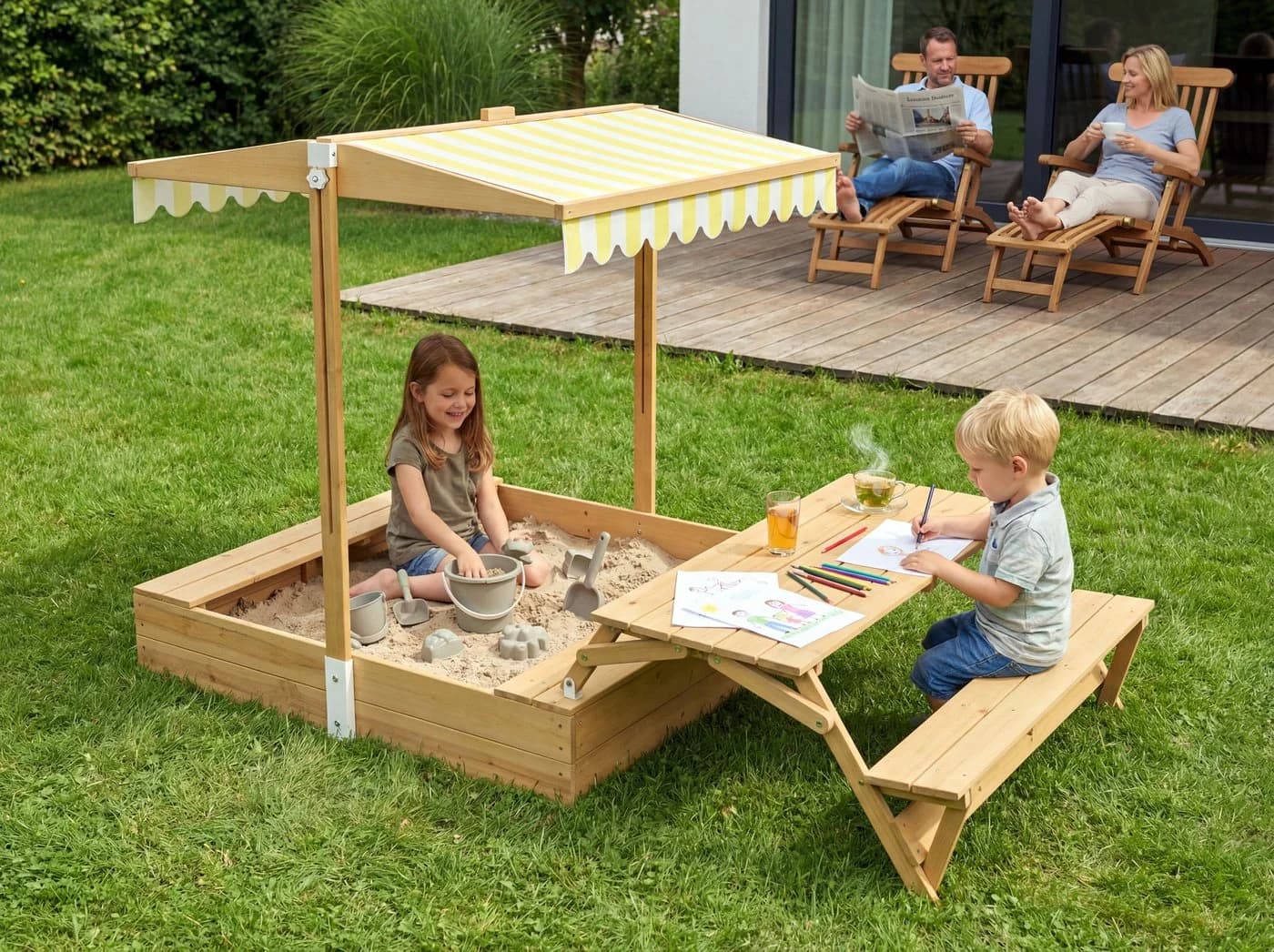 needs&wants® Sandkasten mit Picknicktisch und UV-Schutz